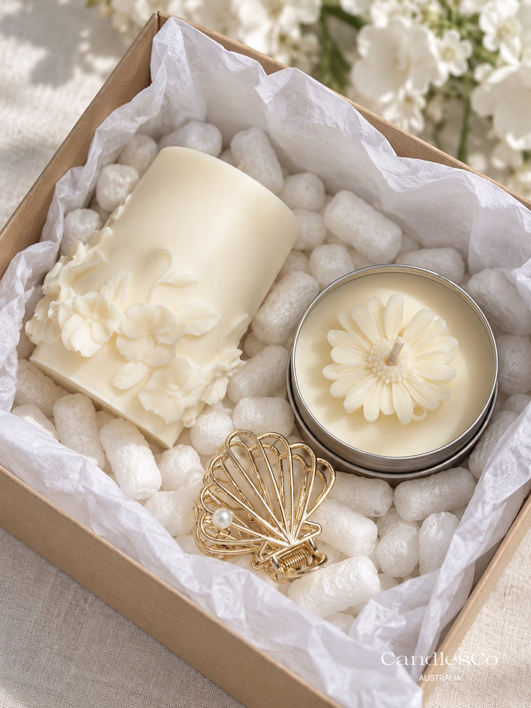 Bloom & Glow Gift Box – Handmade Floral Soy Candles & Gold Hair Claw | Birthday & Mother’s Day Gift Set