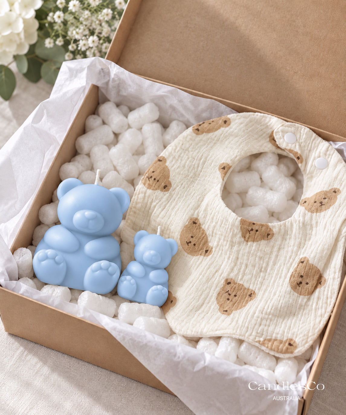 Baby Bear Gift Box – Handmade Teddy Bear Soy Candles & Baby Bib | Baby Shower & Newborn Gift Set