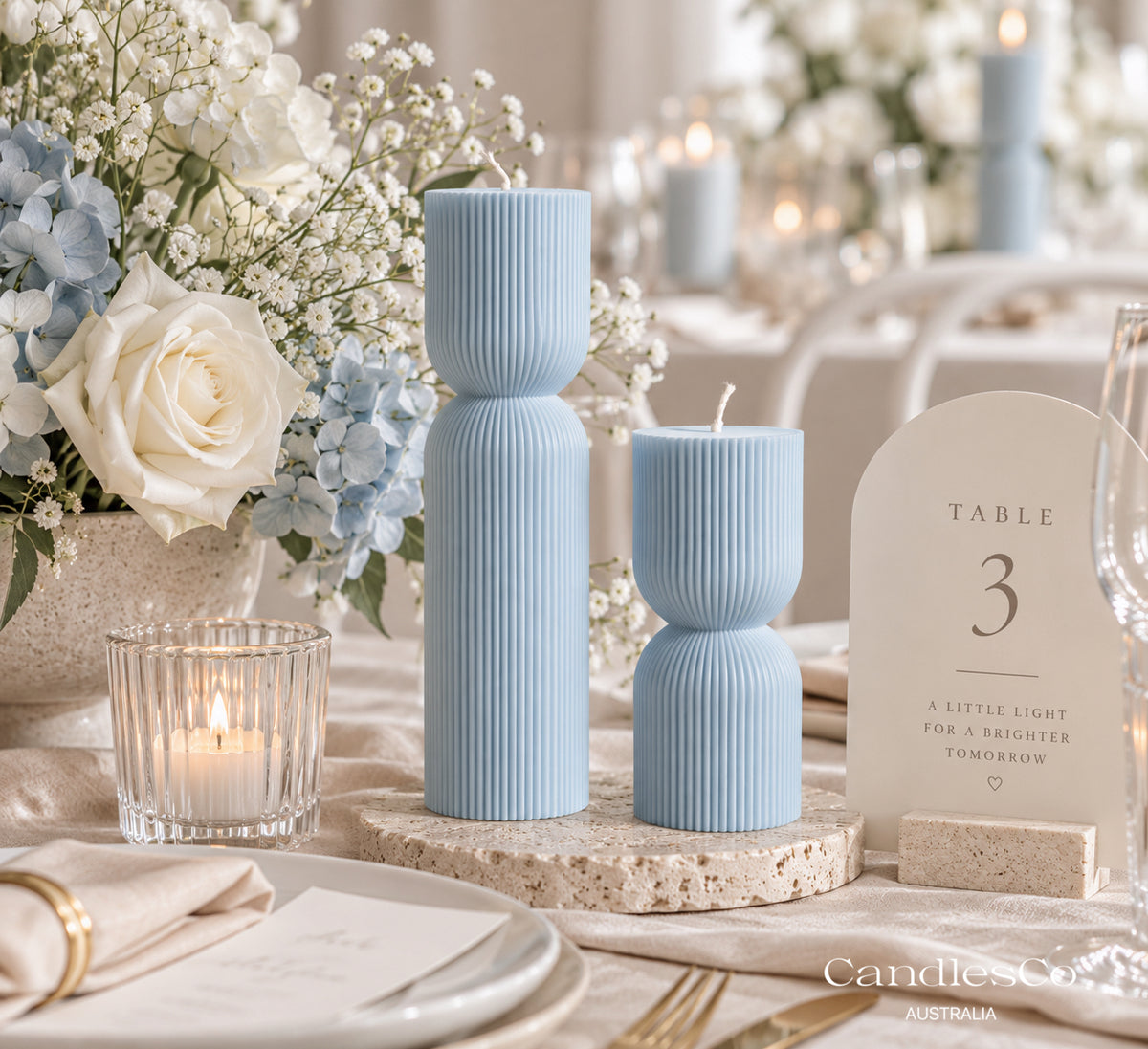 Hourglass Ribbed Pillar Candle – Handmade Unscented Soy Wax Candle | Modern Wedding & Home Décor