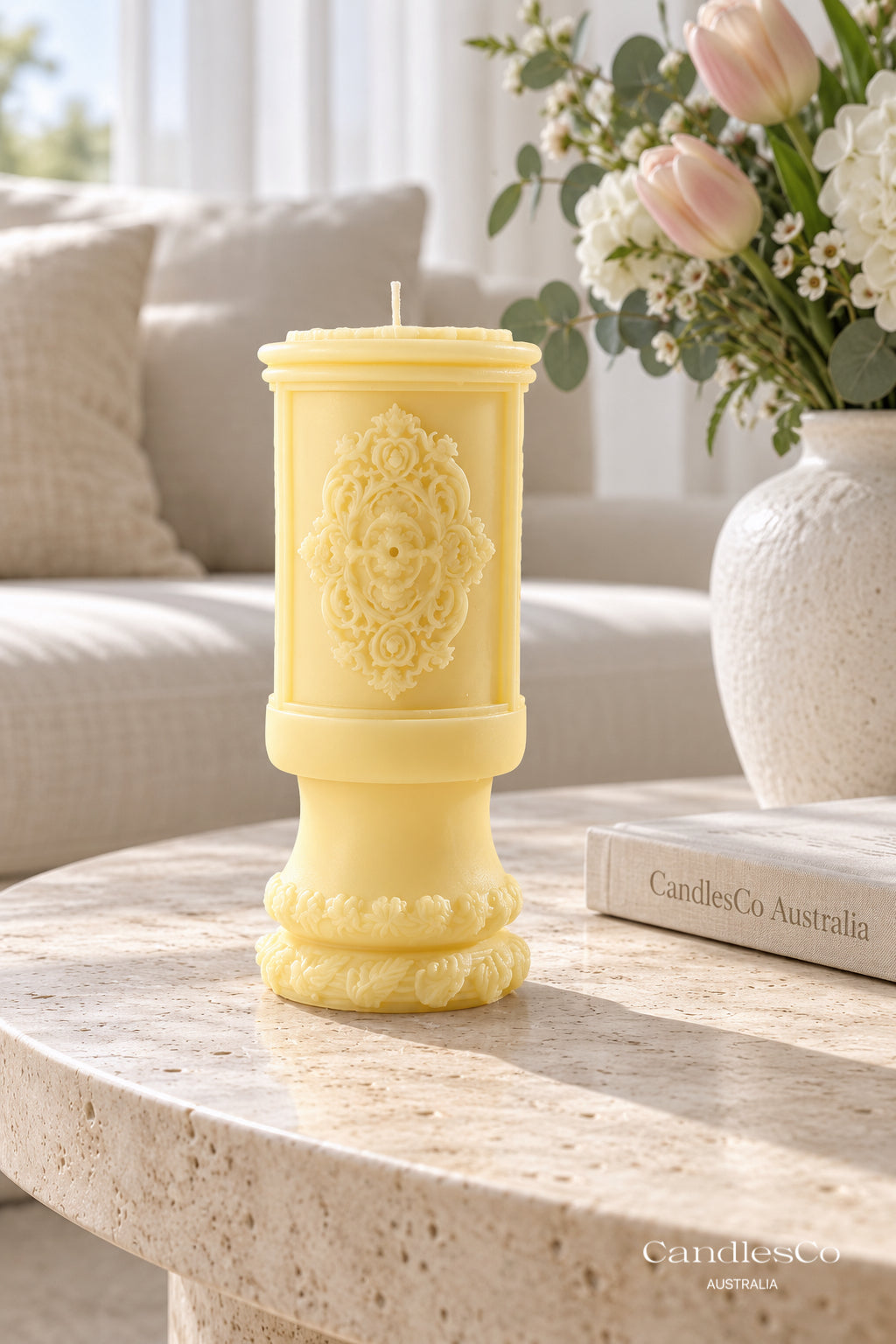 Ornate Floral Pillar Candle – Handmade Vintage Soy Candle
