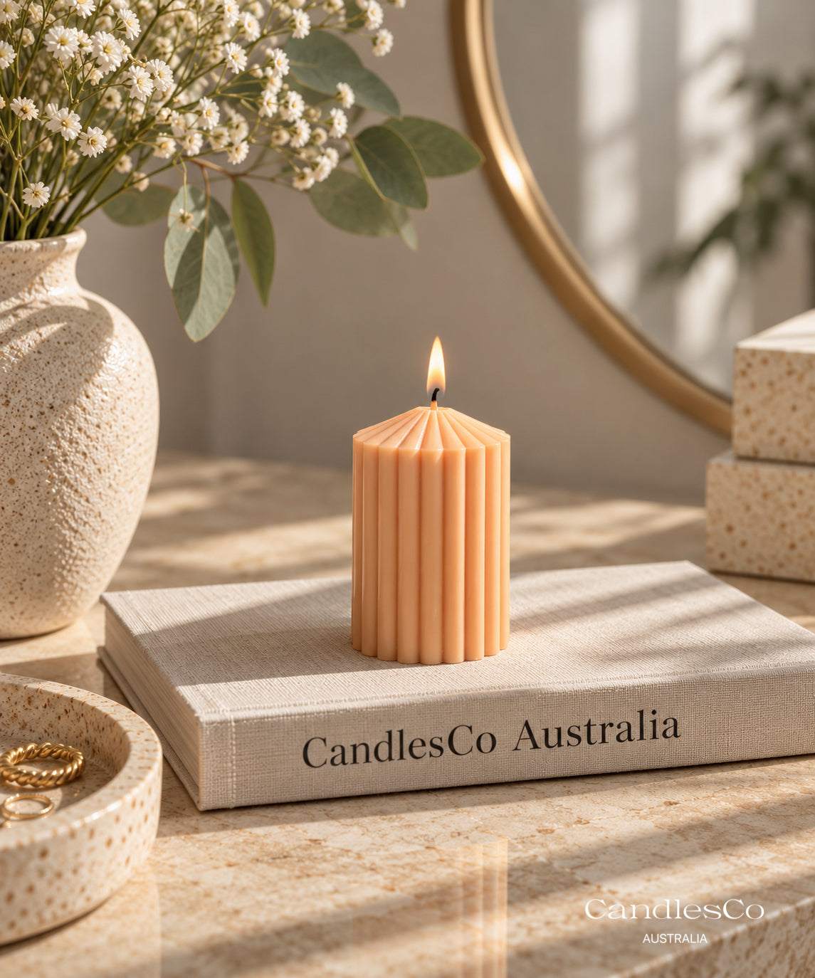 Small Pointed Ribbed Pillar Candle – Handmade Unscented Soy Wax Candle | Modern Geometric Home Décor