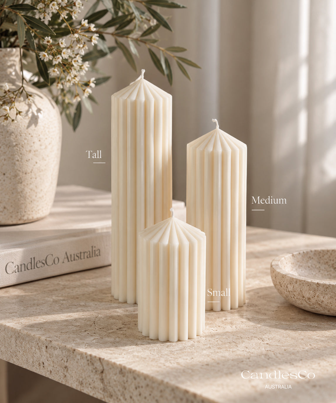 Ribbed Pillar Candle – Handmade Unscented Soy Wax Candle | Small, Medium & Tall Sculptural Candle