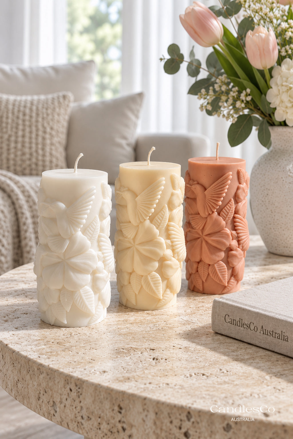 Hummingbird Floral Pillar Candle – Handmade Botanical Soy Candle