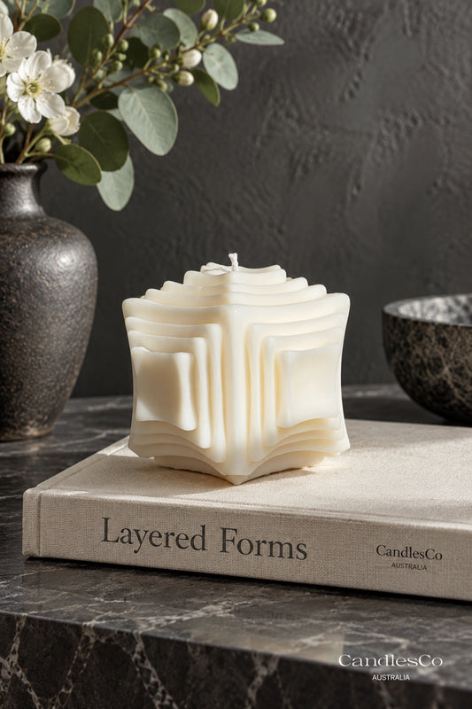 Layered Wave Cube Candle – Handmade Abstract Sculptural Soy Candle | Modern Home Décor