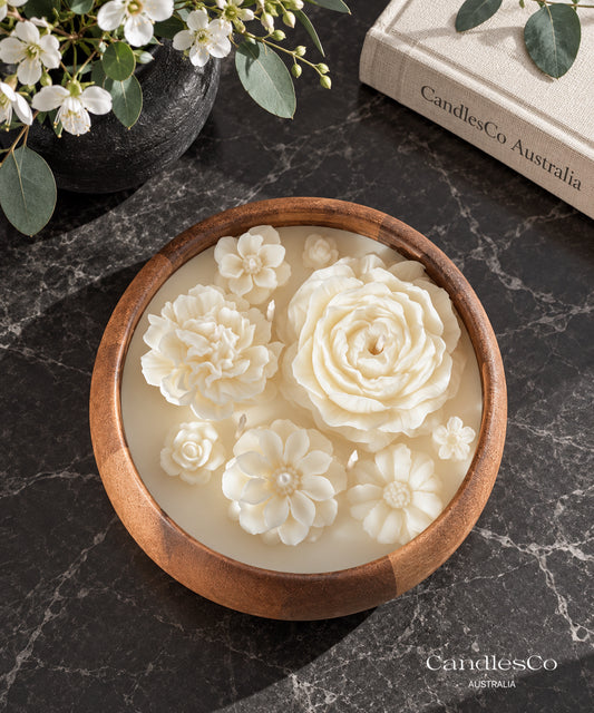 Floral Wooden Bowl Candle – Handmade Scented Soy Candle | 4 Wick Flower Candle & Luxury Home Décor