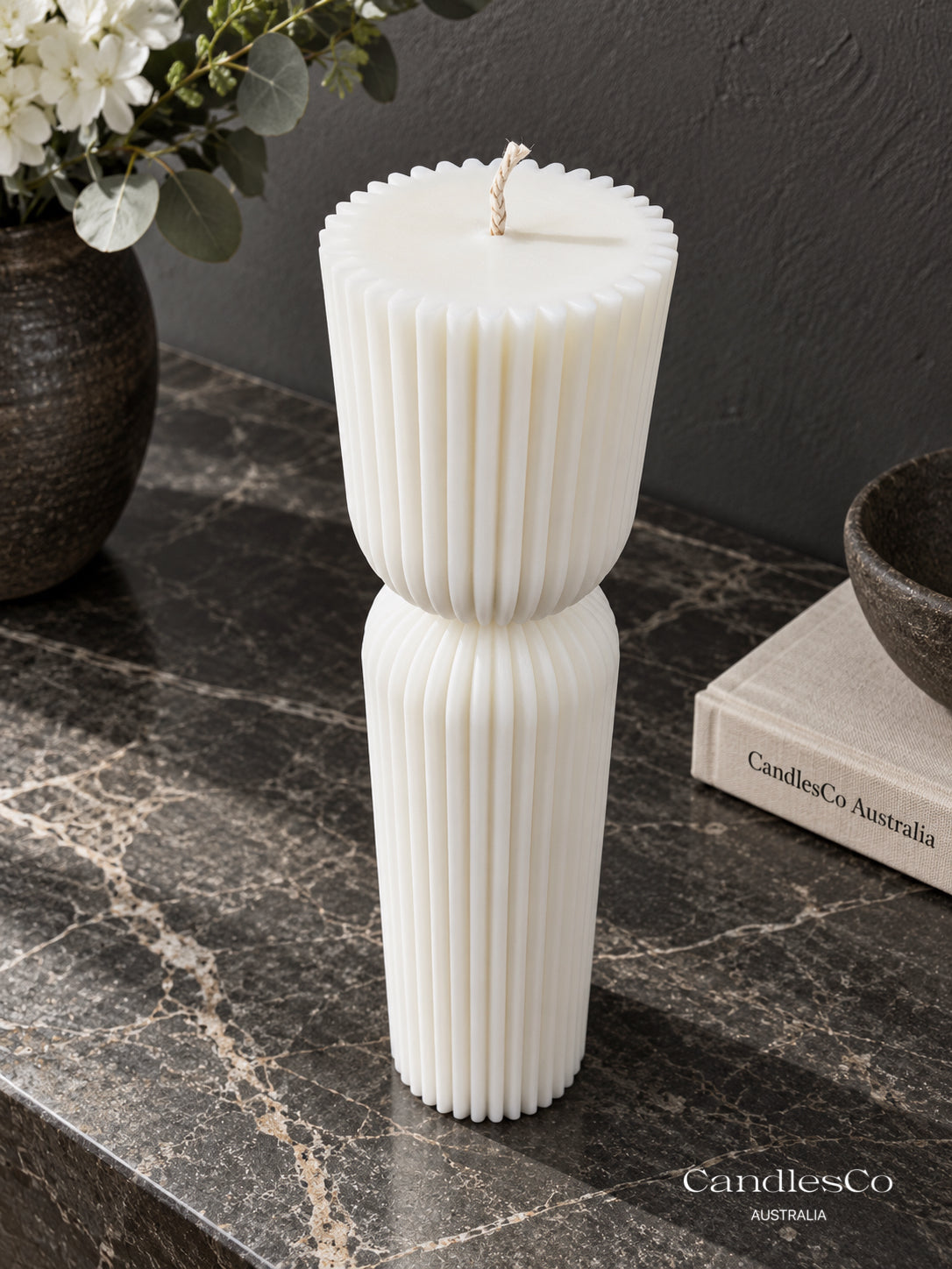 Hourglass Ribbed Pillar Candle – Handmade Fluted Soy Candle | Modern Sculptural Home Décor
