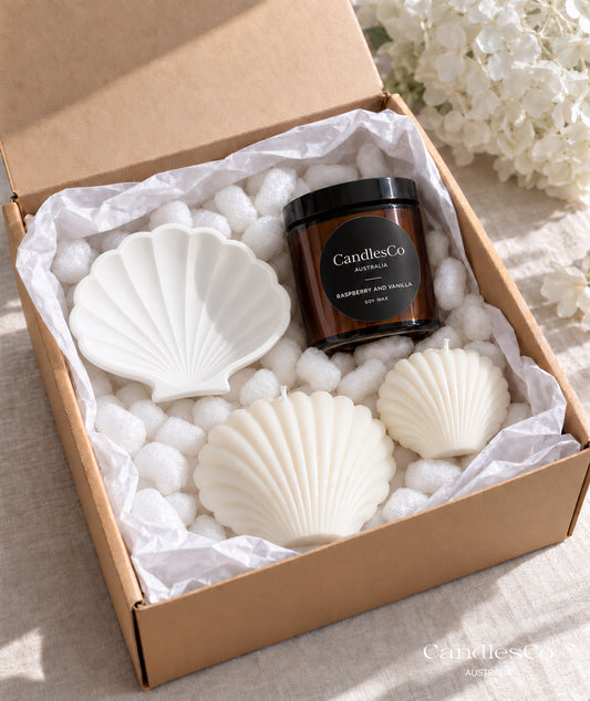 Coastal Shell Gift Box – Handmade Soy Candles & Shell Trinket Dish | Beach-Inspired Gift Set