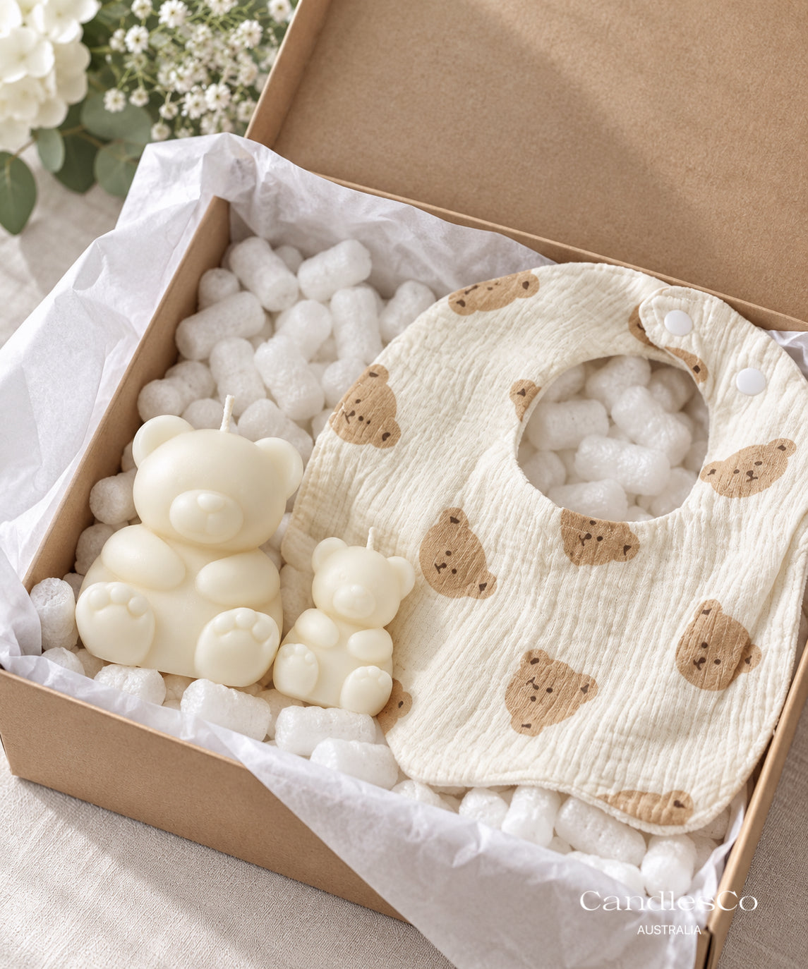 Baby Bear Gift Box – Handmade Teddy Bear Soy Candles & Baby Bib | Baby Shower & Newborn Gift Set