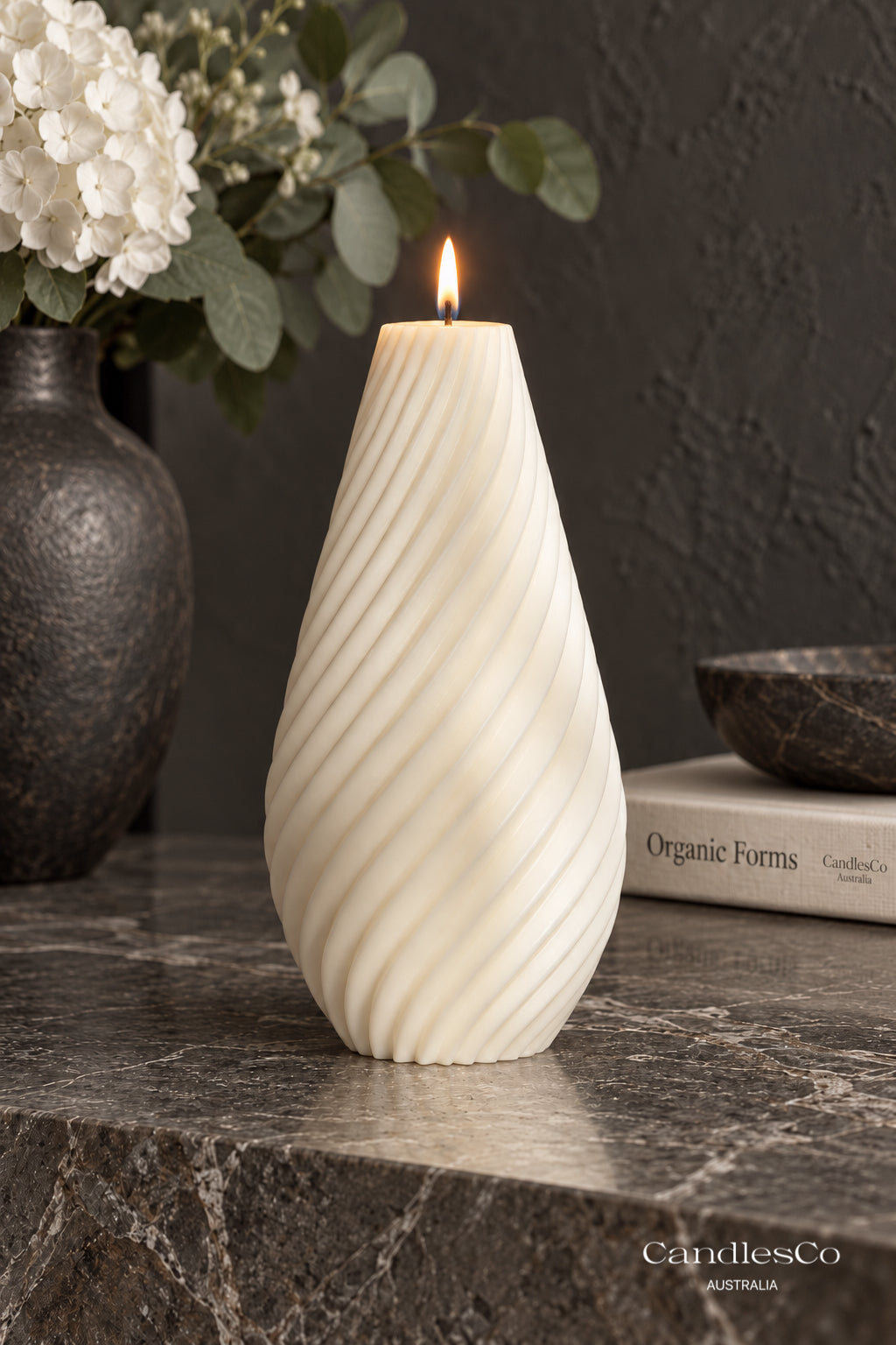 Spiral Teardrop Pillar Candle – Handmade Sculptural Soy Candle | Modern Home Décor