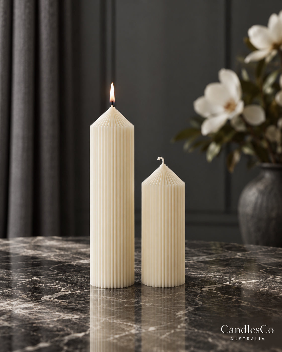 Ribbed Peak Pillar Candle – Handmade Unscented Soy Wax Candle