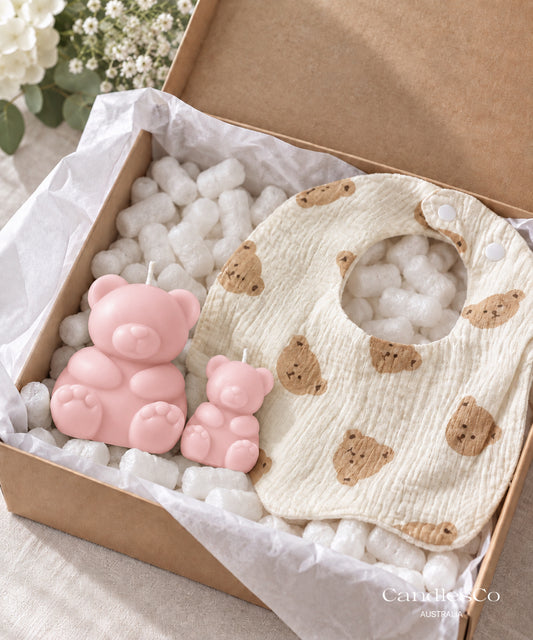 Baby Bear Gift Box – Handmade Teddy Bear Soy Candles & Baby Bib | Baby Shower & Newborn Gift Set