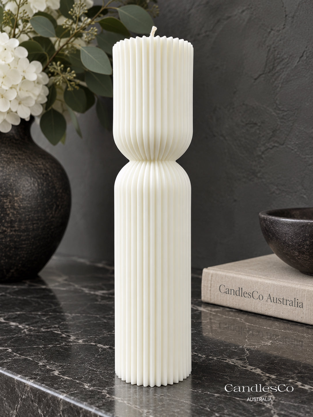 Hourglass Ribbed Pillar Candle – Handmade Fluted Soy Candle | Modern Sculptural Home Décor