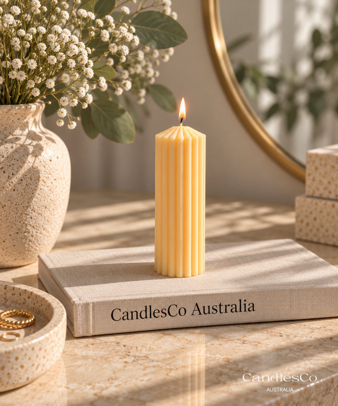 Small Pointed Ribbed Pillar Candle – Handmade Unscented Soy Wax Candle | Modern Geometric Home Décor