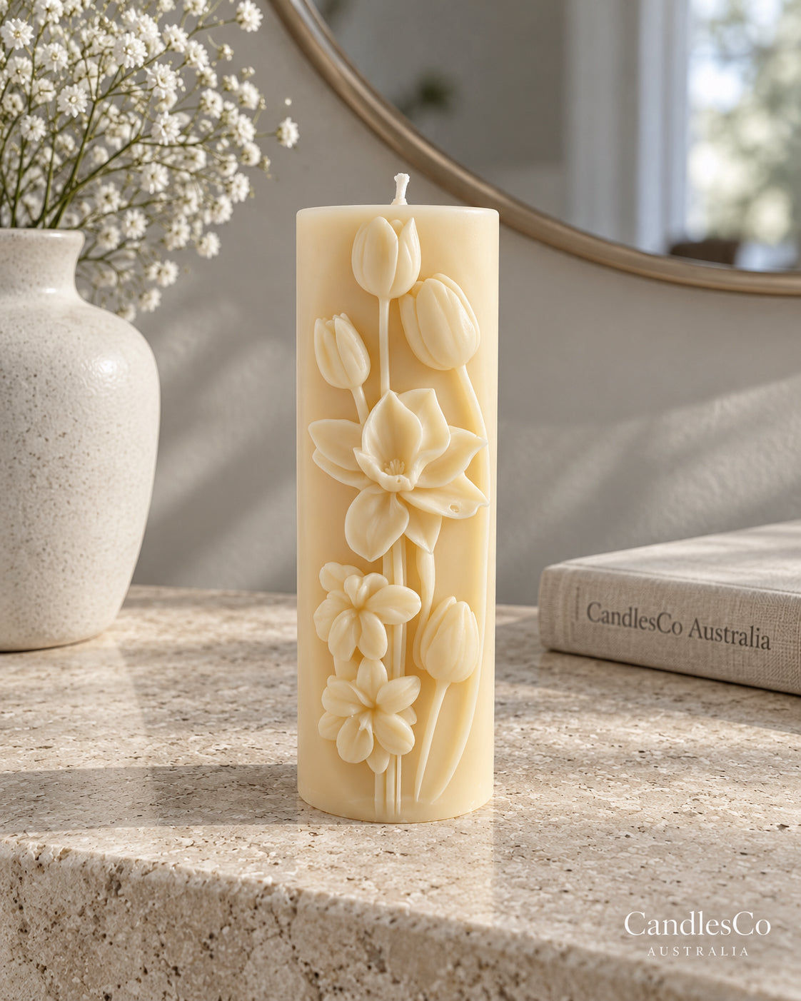 Tulip Flower Pillar Candle – Handmade Unscented Soy Wax Candle