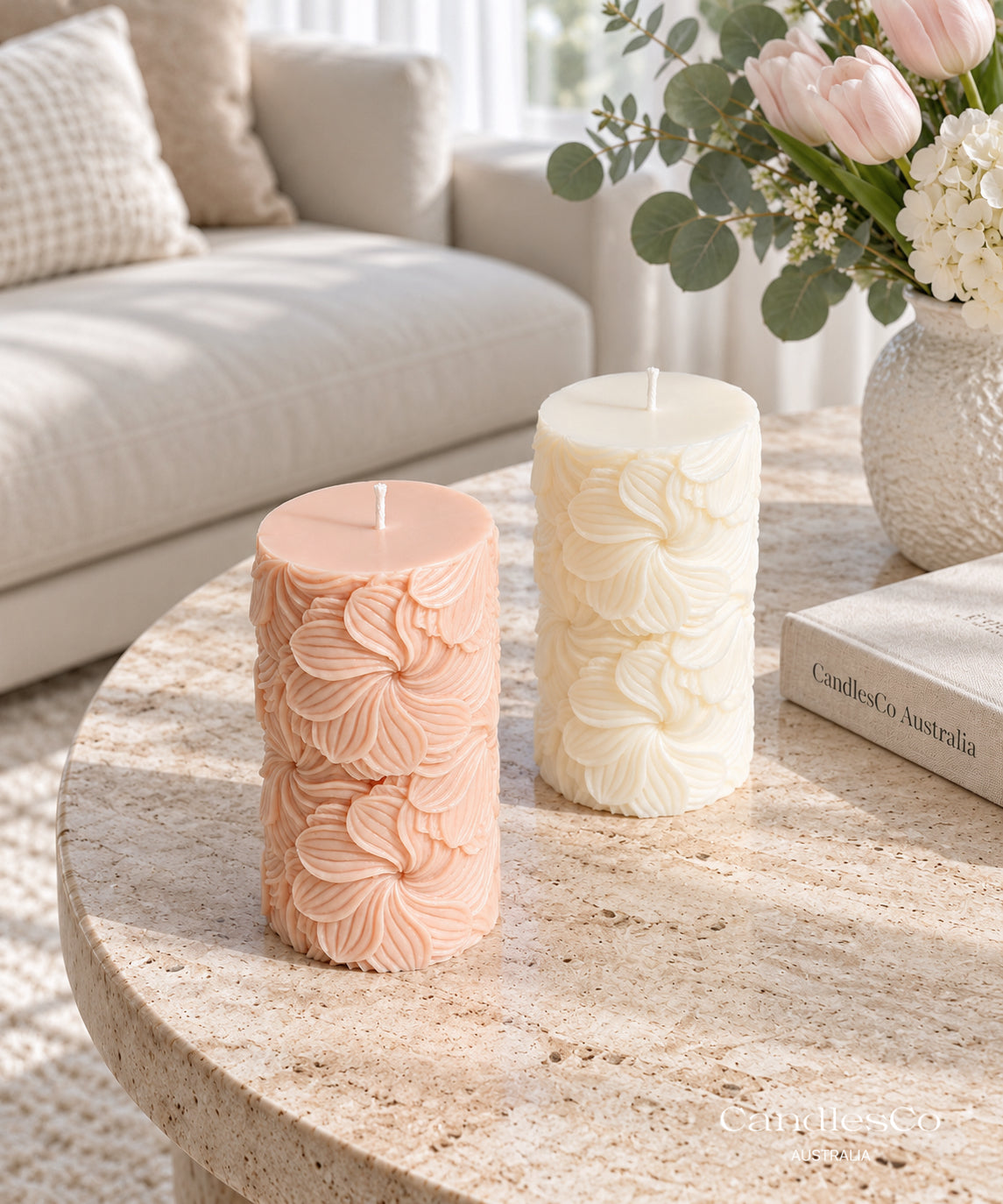 Floral Blossom Pillar Candle – Handmade Sculptural Soy Candle
