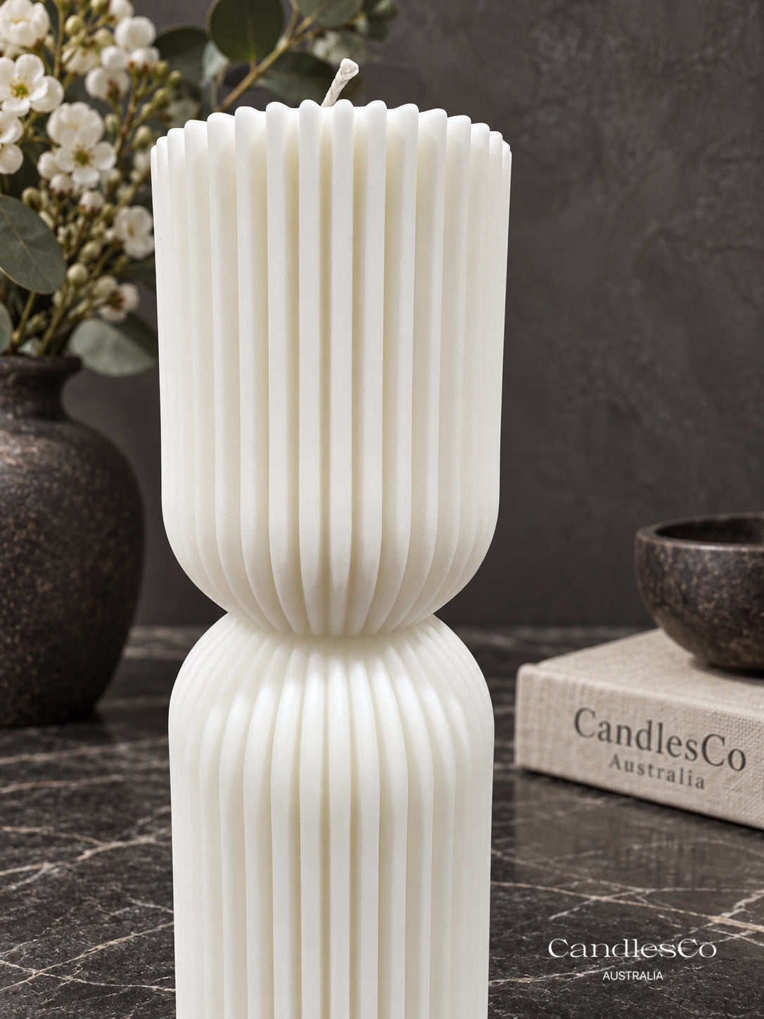 Hourglass Ribbed Pillar Candle – Handmade Fluted Soy Candle | Modern Sculptural Home Décor