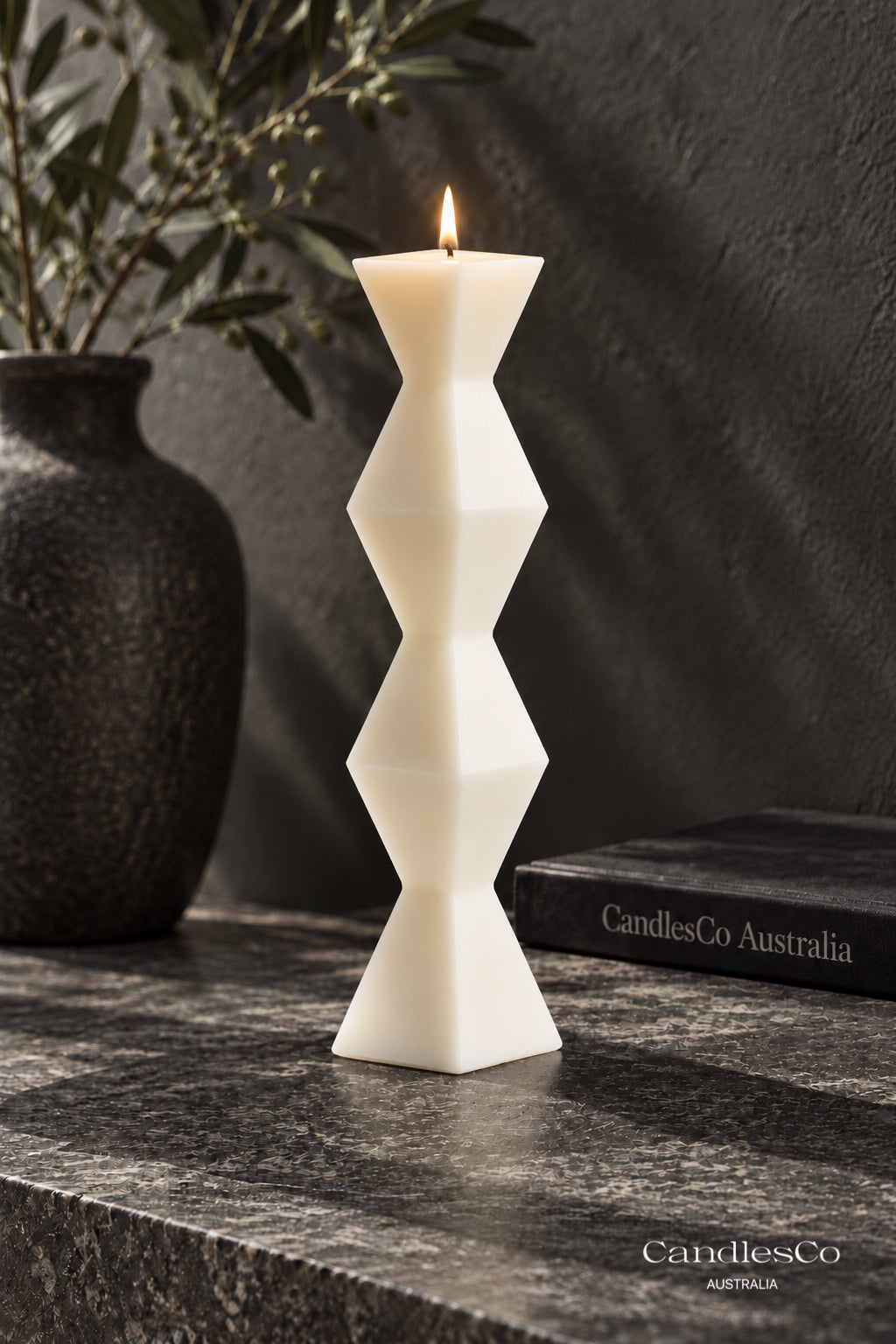 Geometric Diamond Pillar Candle – Handmade Sculptural Soy Candle