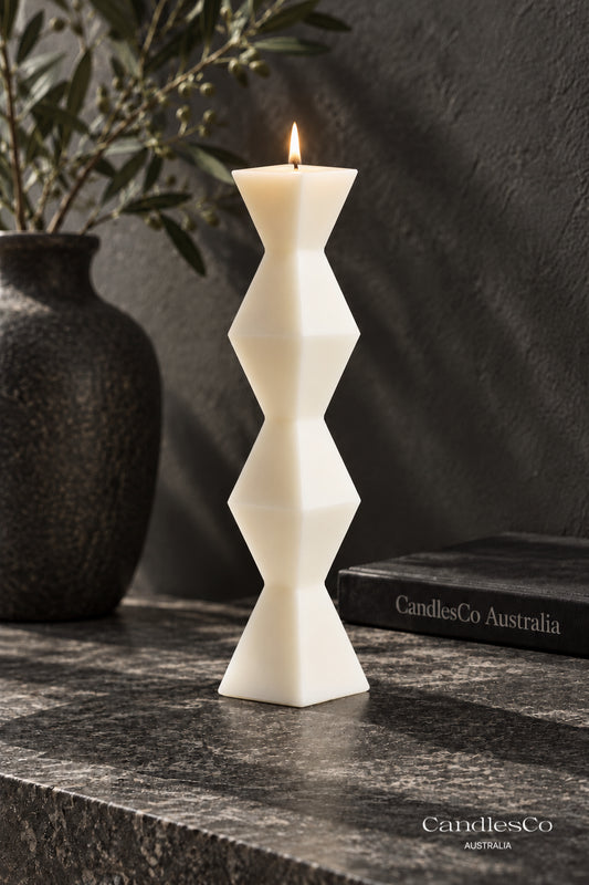 Geometric Diamond Pillar Candle – Handmade Sculptural Soy Candle