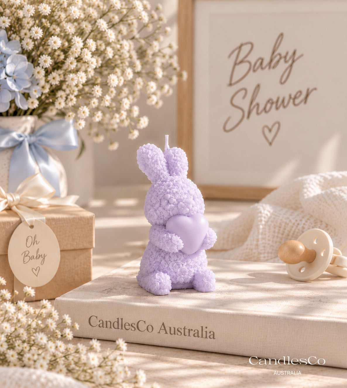 Floral Bunny Holding Heart Candle – Handmade Unscented Soy Wax Rabbit Candle | Baby Shower Favours & Cute Gift