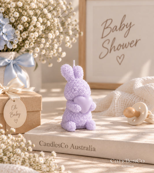 Floral Bunny Holding Heart Candle – Handmade Unscented Soy Wax Rabbit Candle | Baby Shower Favours & Cute Gift