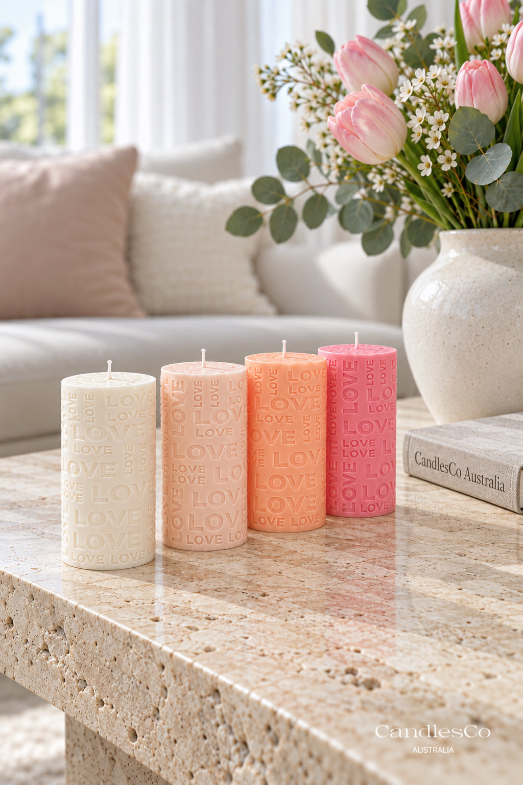 LOVE Pillar Candle – Handmade Embossed Soy Candle