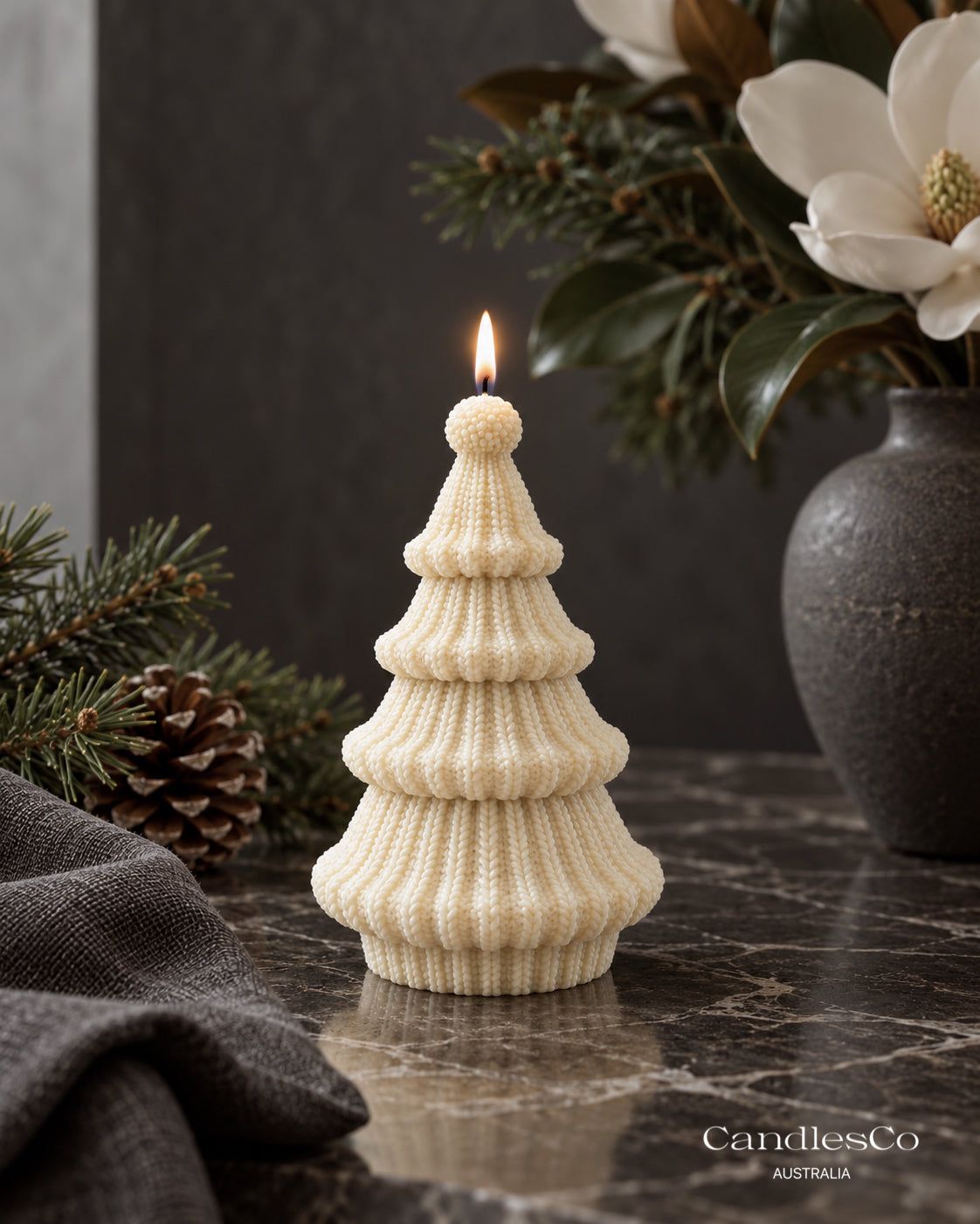 Knitted Christmas Tree Candle – Handmade Unscented Soy Wax Candle