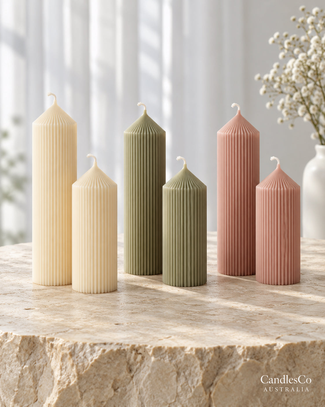 Ribbed Peak Pillar Candle – Handmade Unscented Soy Wax Candle