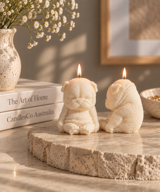 Sleepy Pug Puppy Candle – Handmade Unscented Soy Wax Dog Candle | Cute Sitting Puppy & Dog Lover Gift