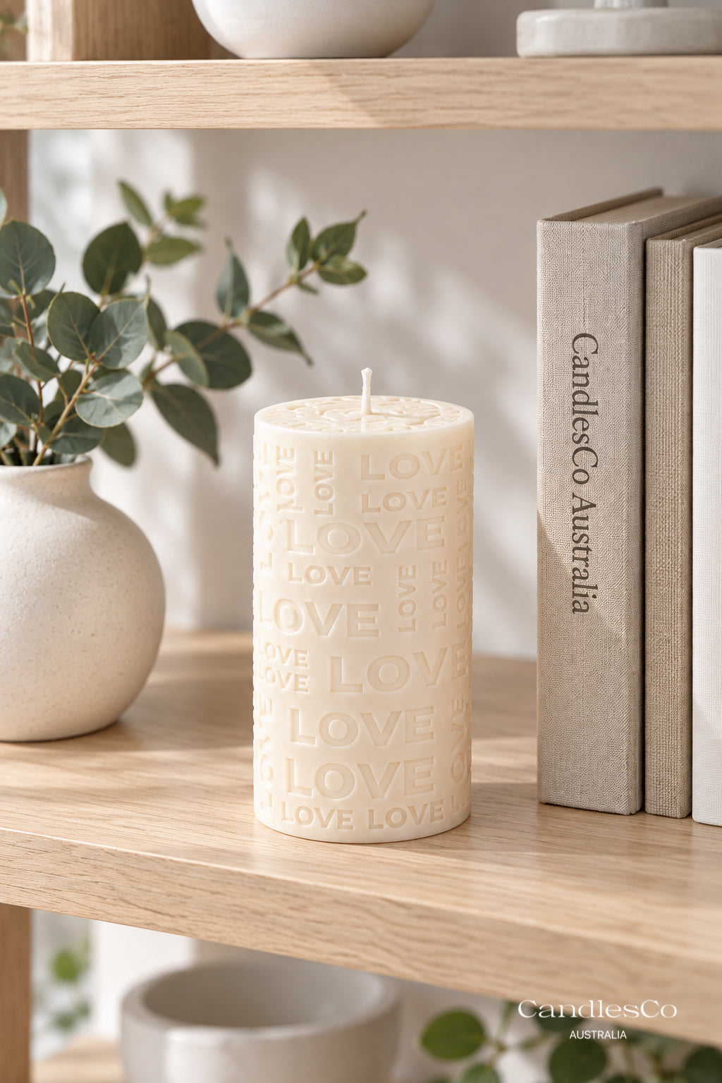 LOVE Pillar Candle – Handmade Embossed Soy Candle