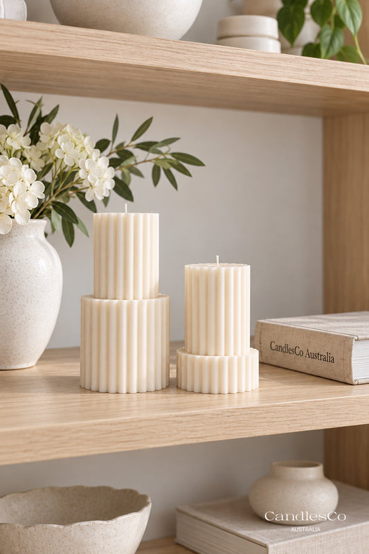 Tiered Ribbed Pillar Candle – Handmade Sculptural Soy Candle
