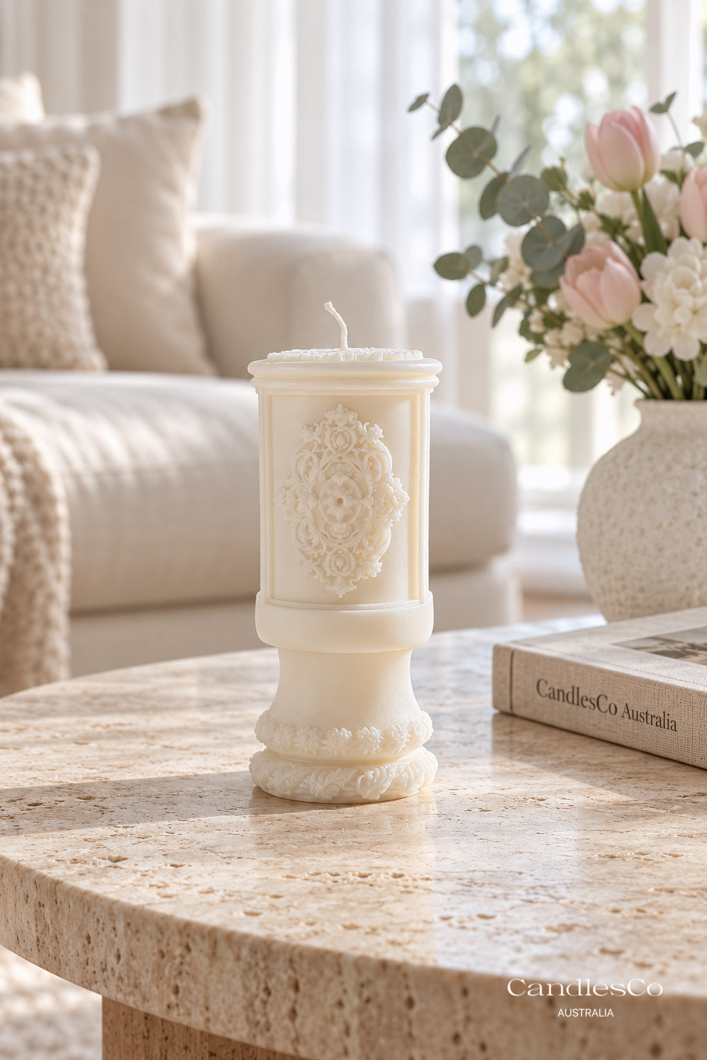 Ornate Floral Pillar Candle – Handmade Vintage Soy Candle