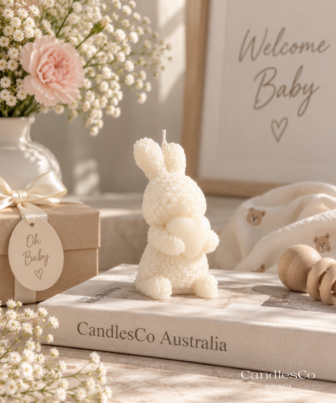 Floral Bunny Holding Heart Candle – Handmade Unscented Soy Wax Rabbit Candle | Baby Shower Favours & Cute Gift