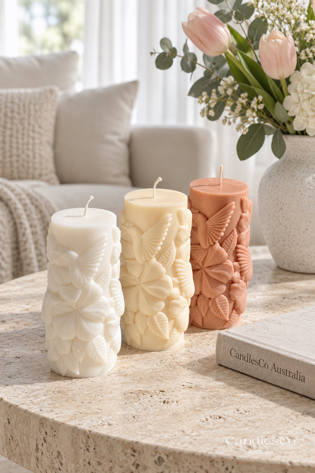 Hummingbird Floral Pillar Candle – Handmade Botanical Soy Candle