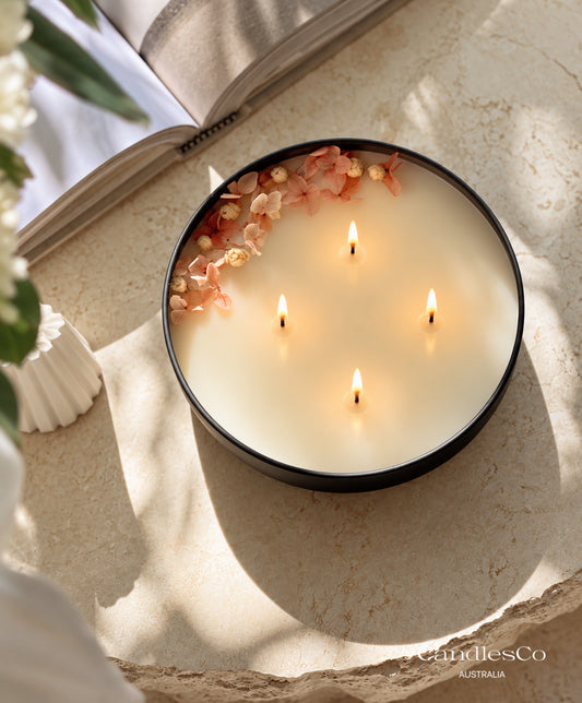 Floral Black Tin Candle – Handmade 4 Wick Scented Soy Candle | Botanical Flower Candle & Luxury Gift