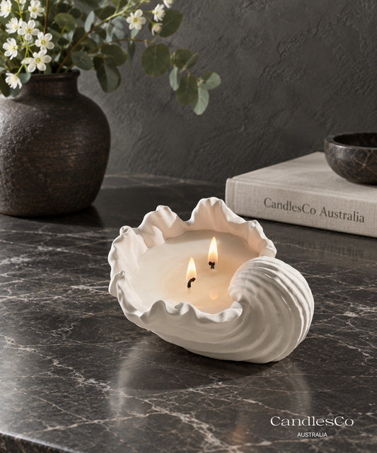 Giant Clam Shell Candle Vessel – Handmade Double Wick Scented Soy Candle | Coastal Home Décor