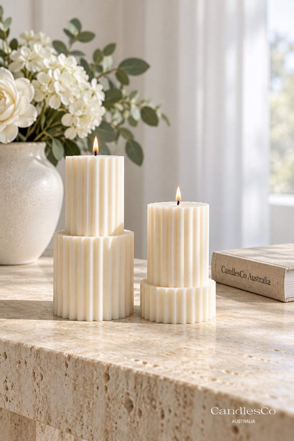 Tiered Ribbed Pillar Candle – Handmade Sculptural Soy Candle