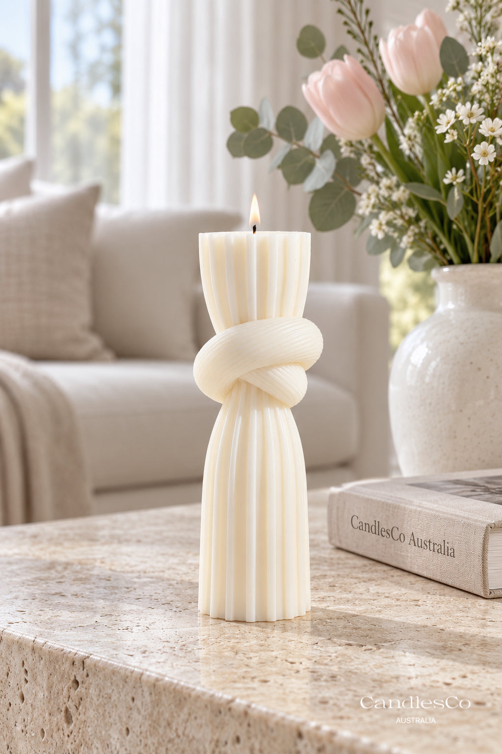 Knotted Ribbed Pillar Candle – Handmade Sculptural Soy Candle