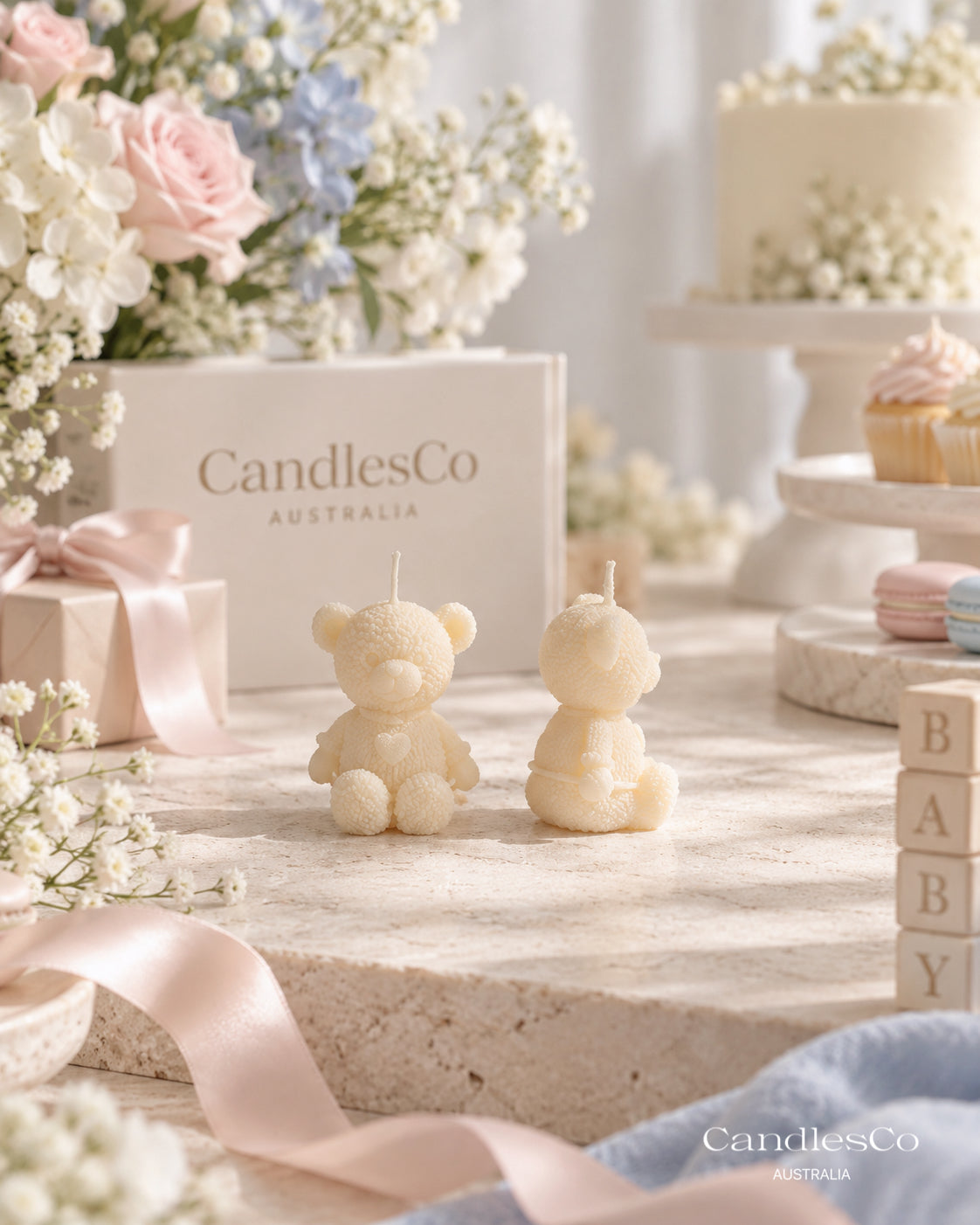 Mini Teddy Bear with Heart Candle – Handmade Unscented Soy Wax Candle | Baby Shower Favours & Cute Teddy Gift