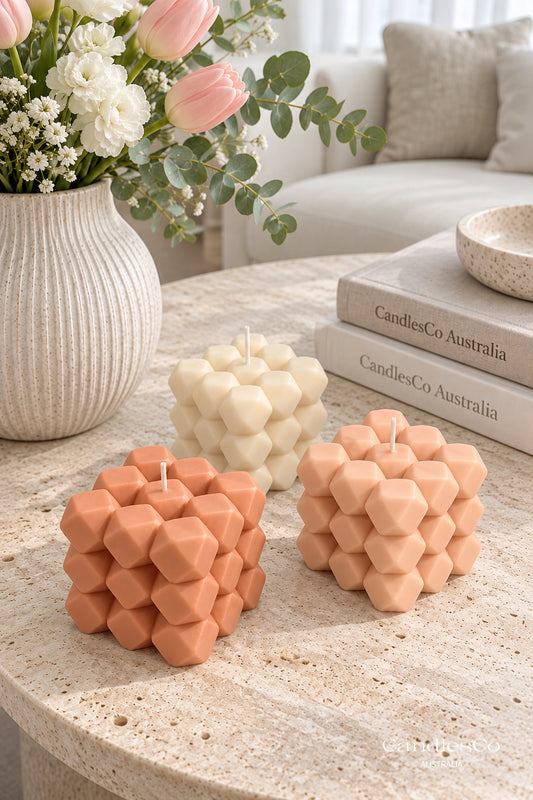 Geometric Diamond Bubble Cube Candle – Handmade Sculptural Soy Candle | Modern Home Décor