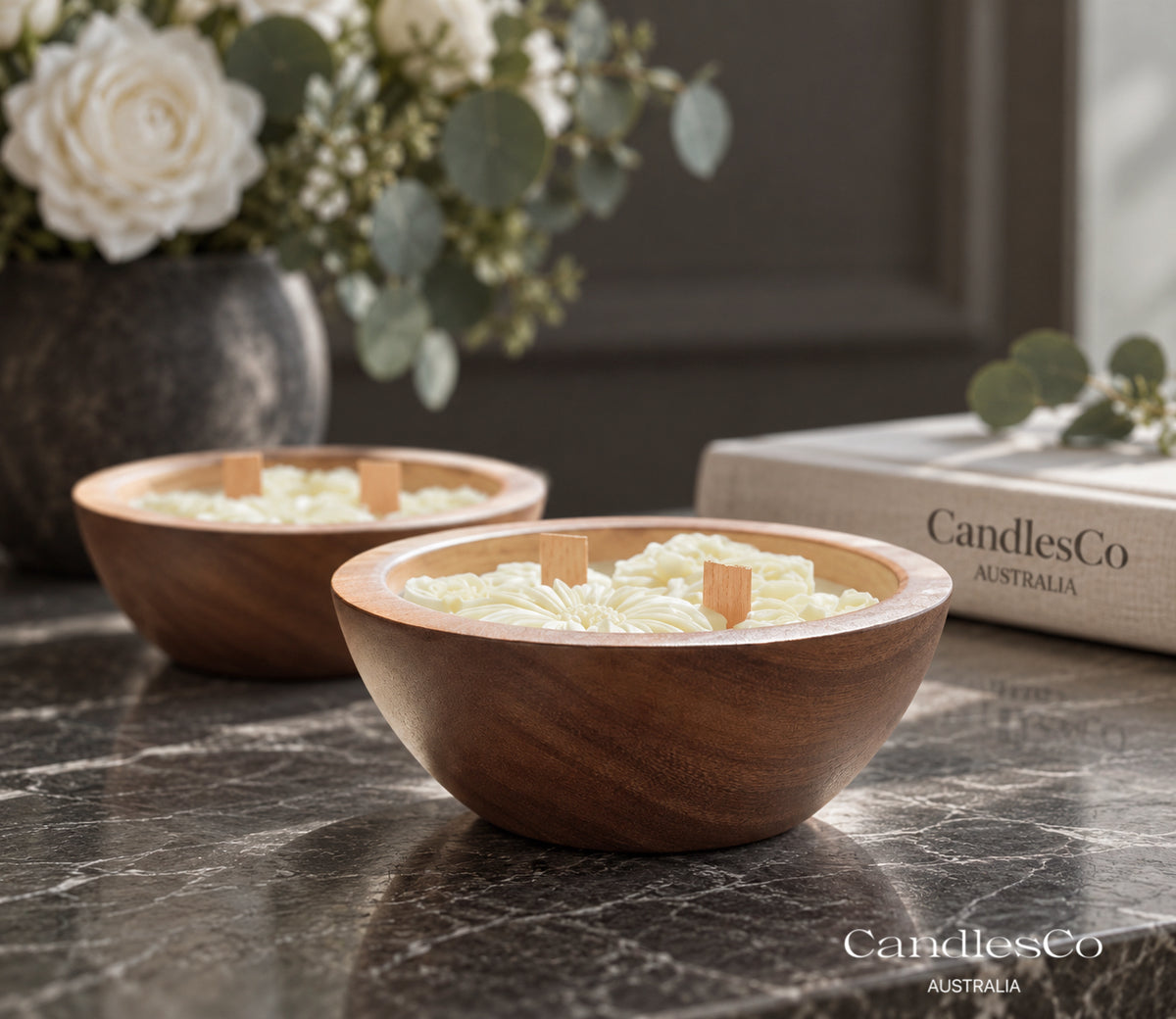 Floral Wooden Bowl Candle – Handmade Scented Soy Wax Candle | Botanical Flower Candle