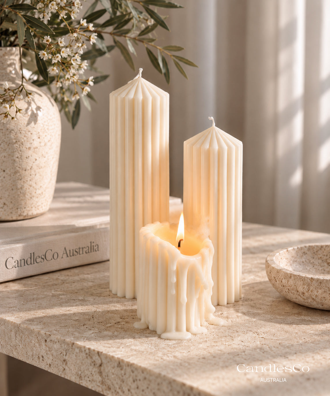 Ribbed Pillar Candle – Handmade Unscented Soy Wax Candle | Small, Medium & Tall Sculptural Candle