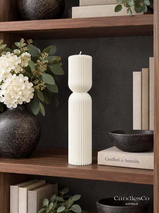 Hourglass Ribbed Pillar Candle – Handmade Fluted Soy Candle | Modern Sculptural Home Décor