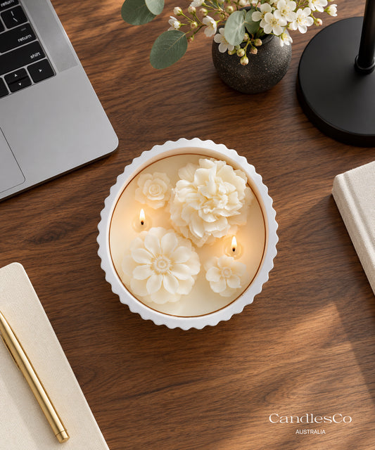 Floral Scalloped Bowl Candle – Handmade Double Wick Scented Soy Candle | Flower Home Décor & Gift