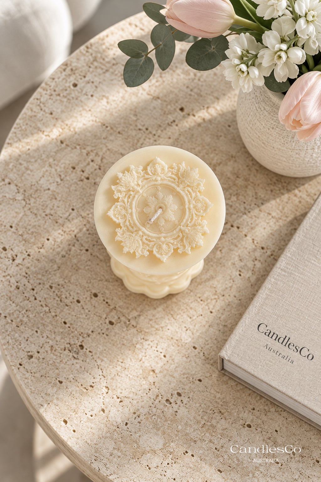 Ornate Floral Pillar Candle – Handmade Vintage Soy Candle