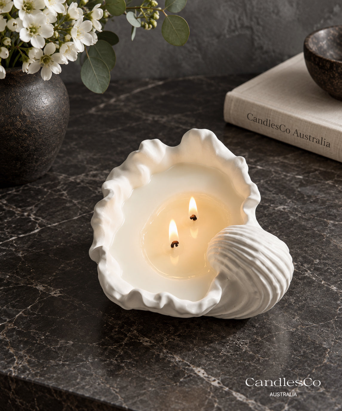 Giant Clam Shell Candle Vessel – Handmade Double Wick Scented Soy Candle | Coastal Home Décor