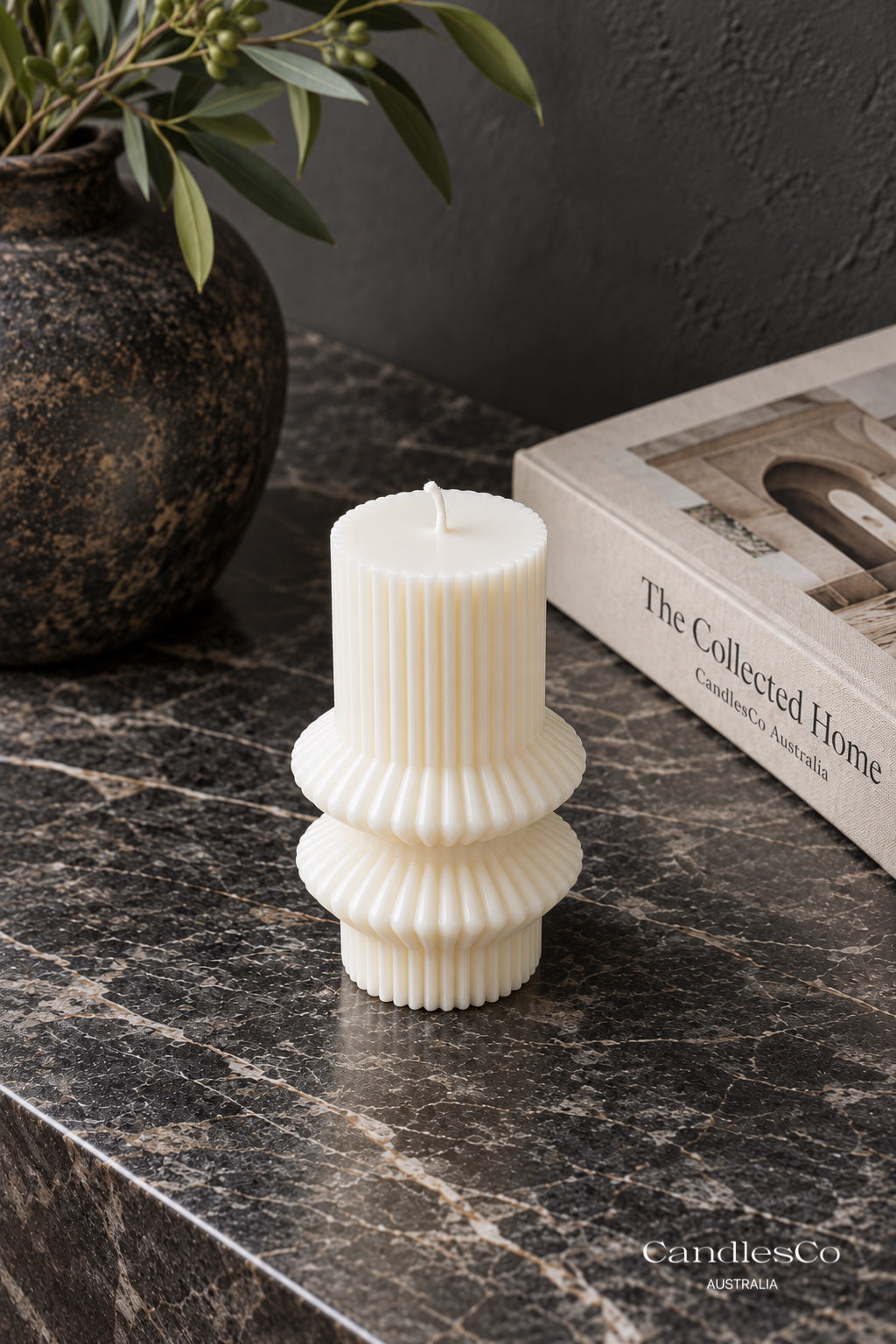 Double Tier Fluted Pillar Candle – Handmade Sculptural Soy Candle