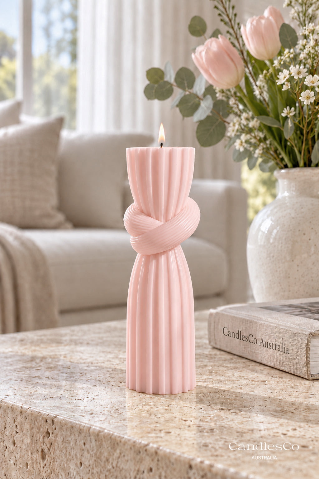 Knotted Ribbed Pillar Candle – Handmade Sculptural Soy Candle