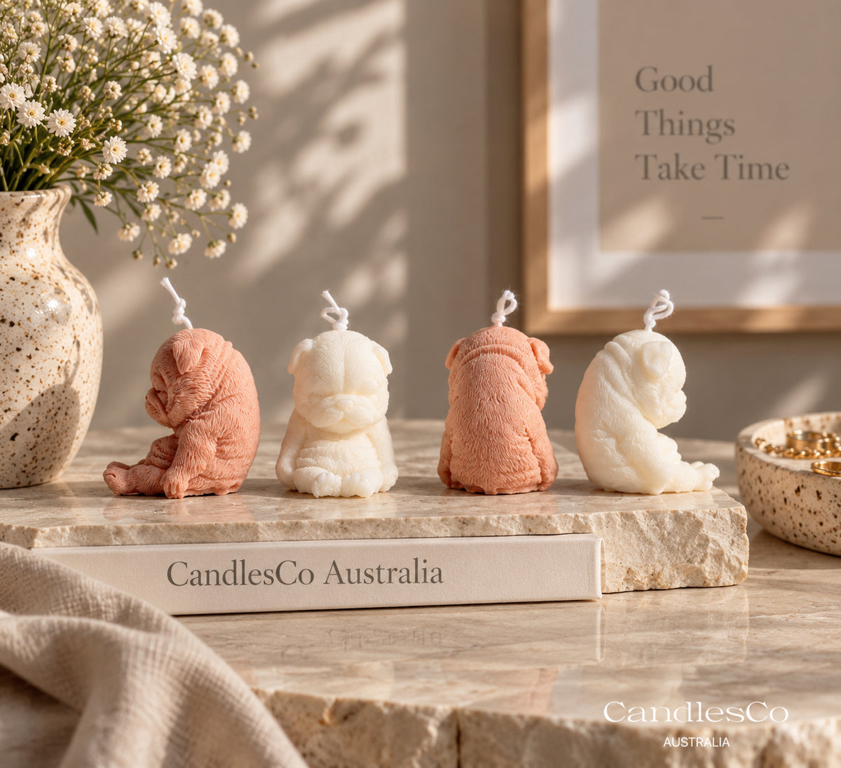 Sleepy Pug Puppy Candle – Handmade Unscented Soy Wax Dog Candle | Cute Sitting Puppy & Dog Lover Gift