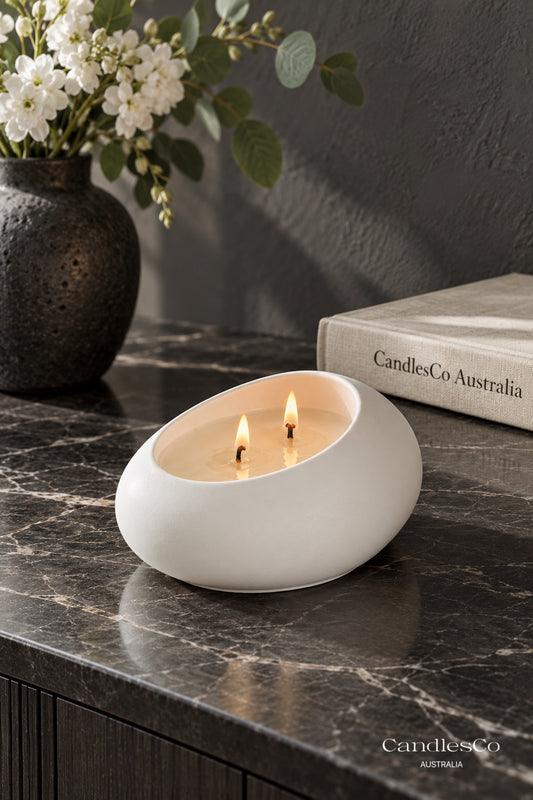 Oval Pebble Candle Vessel – Handmade Double Wick Scented Soy Candle | Modern Minimalist Home Décor