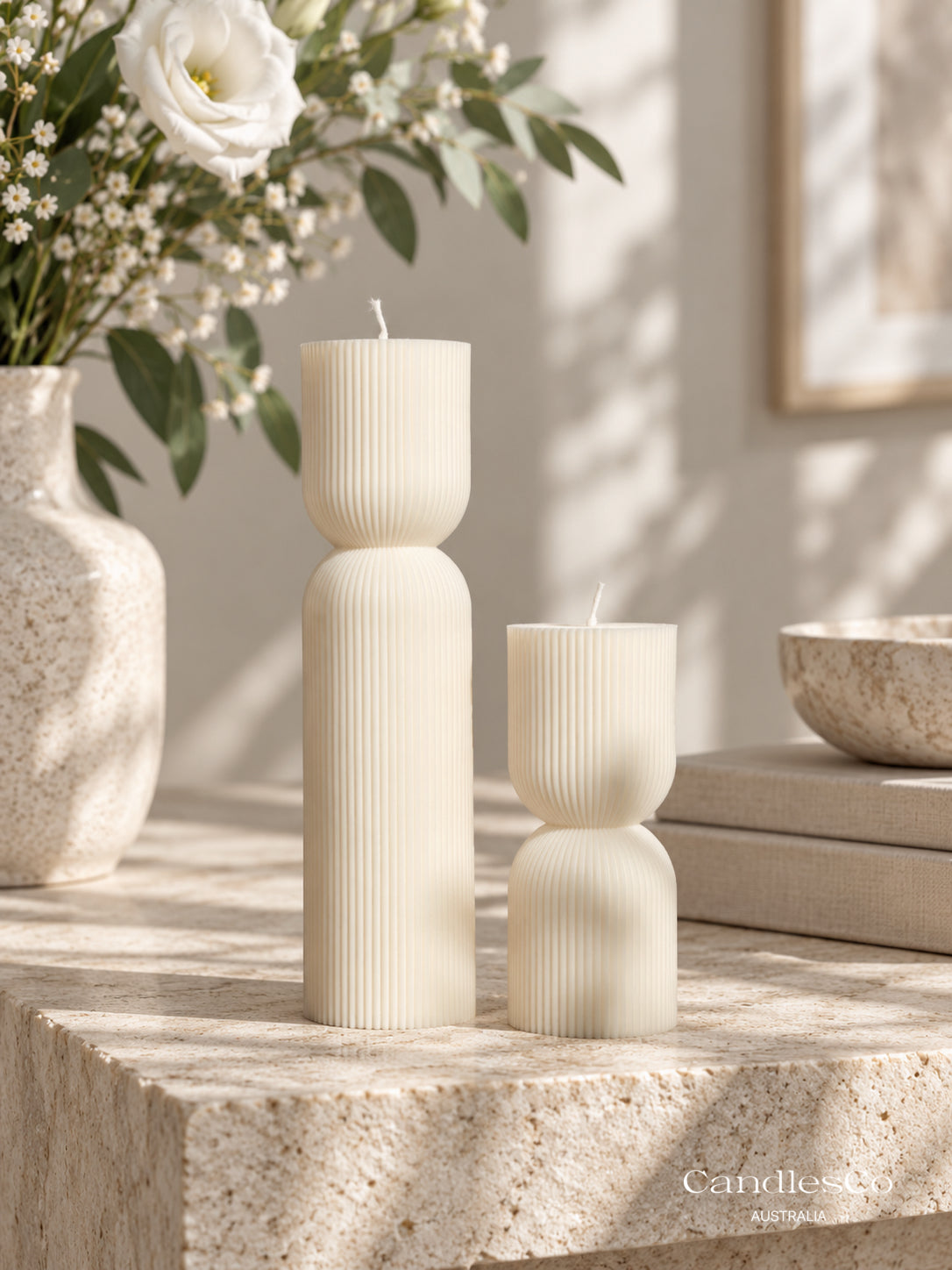 Hourglass Ribbed Pillar Candle – Handmade Unscented Soy Wax Candle | Modern Wedding & Home Décor